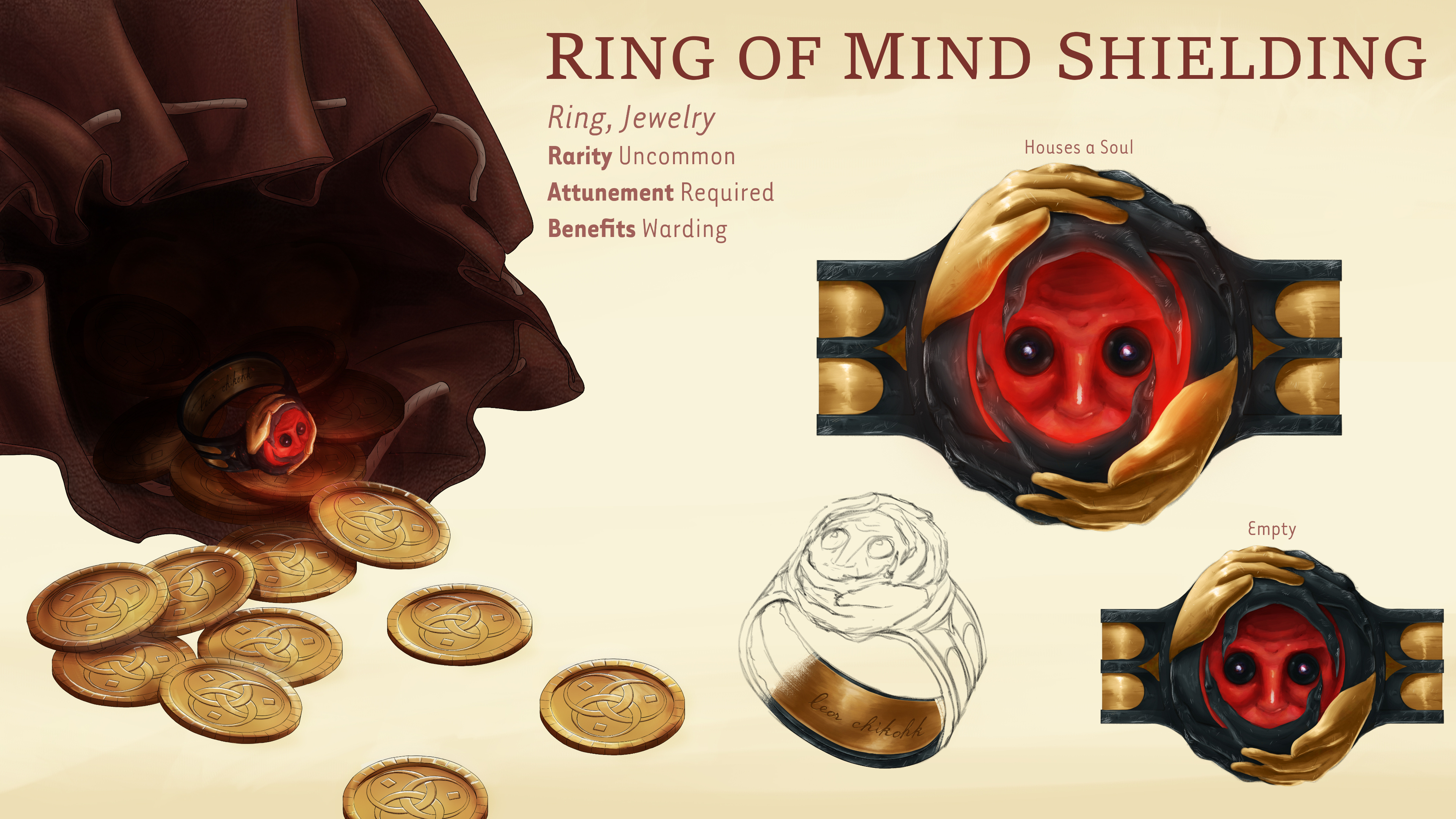 Concept design for a ring originally forged by Mind Flayers, converted into something useful by a wizards thousands of years later. Concept design for a ring originally forged by Mind Flayers, converted into something useful by a wizards thousands of years later.